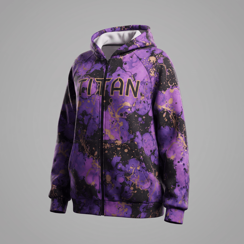 Purple zip-up hoodie featuring an abstract paint splatter pattern and the word TITAN printed across the chest.