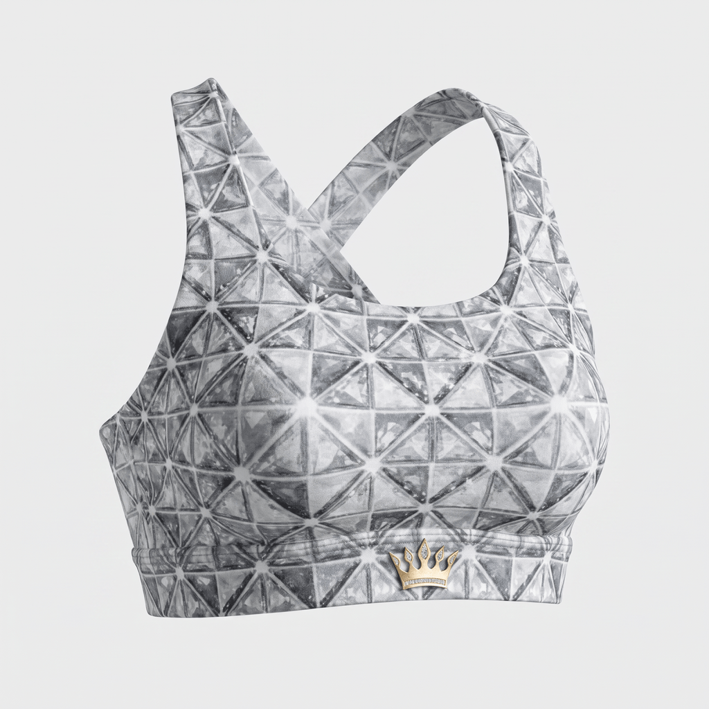 Grey and white geometric triangle print sports bra with a gold crown logo on the underband.