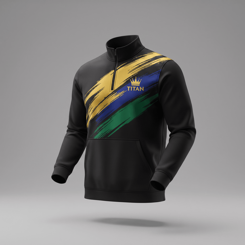 Black quarter-zip sweatshirt with gold, blue, and green brushstroke stripes and Titan crown logo.