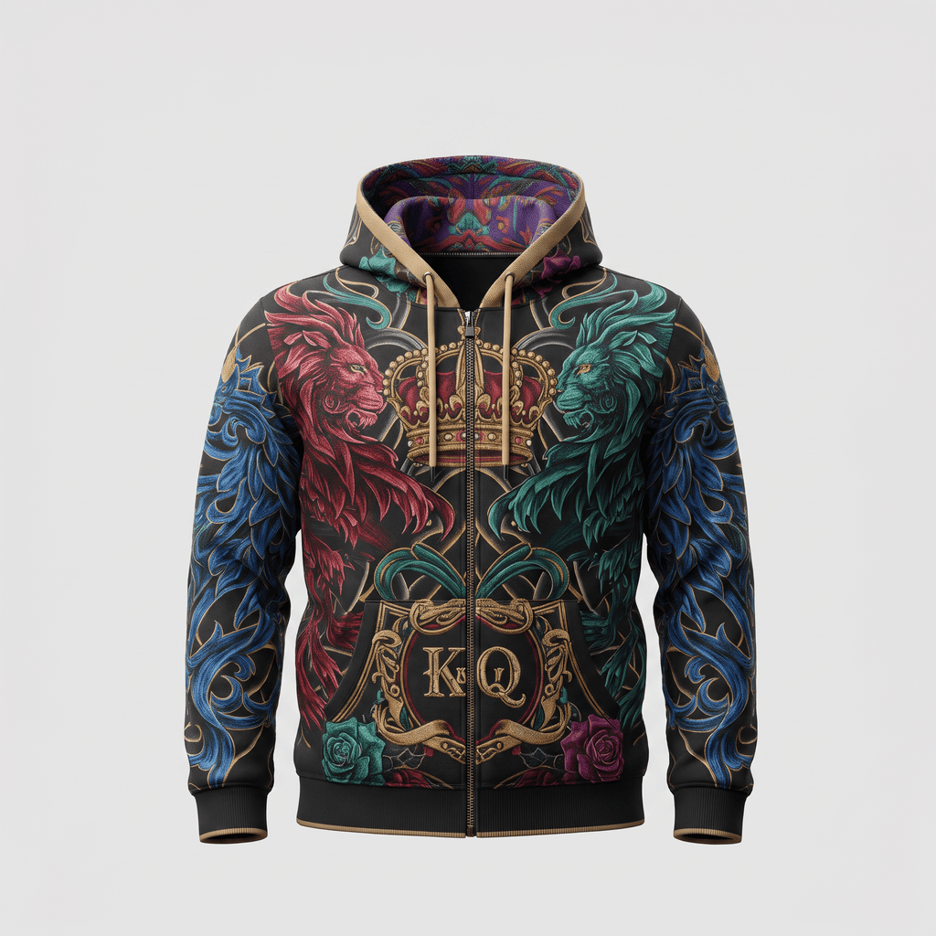 Black zip-up hoodie featuring ornate red, green, and blue lion and crown graphics with KQ lettering.