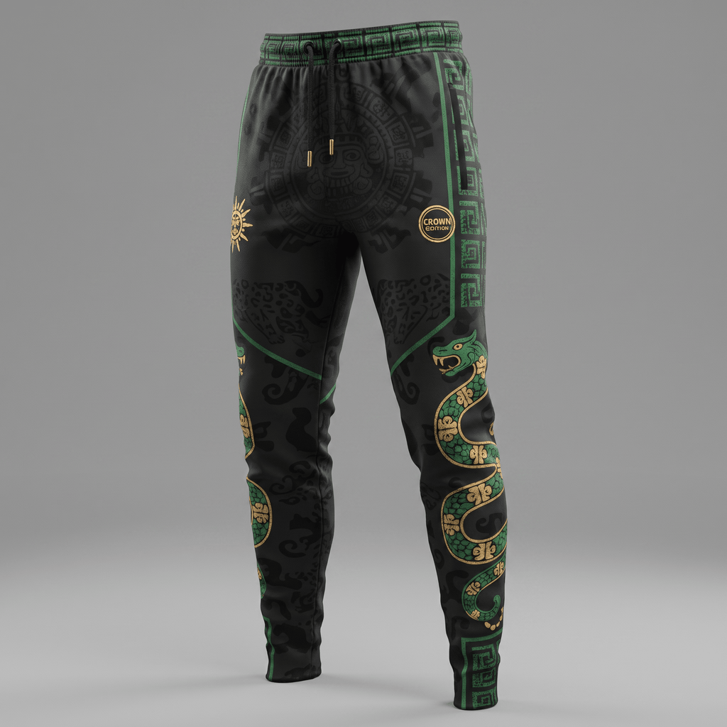 Black sweatpants with green and gold Aztec patterns, featuring serpentine and sun motifs against a grey background.