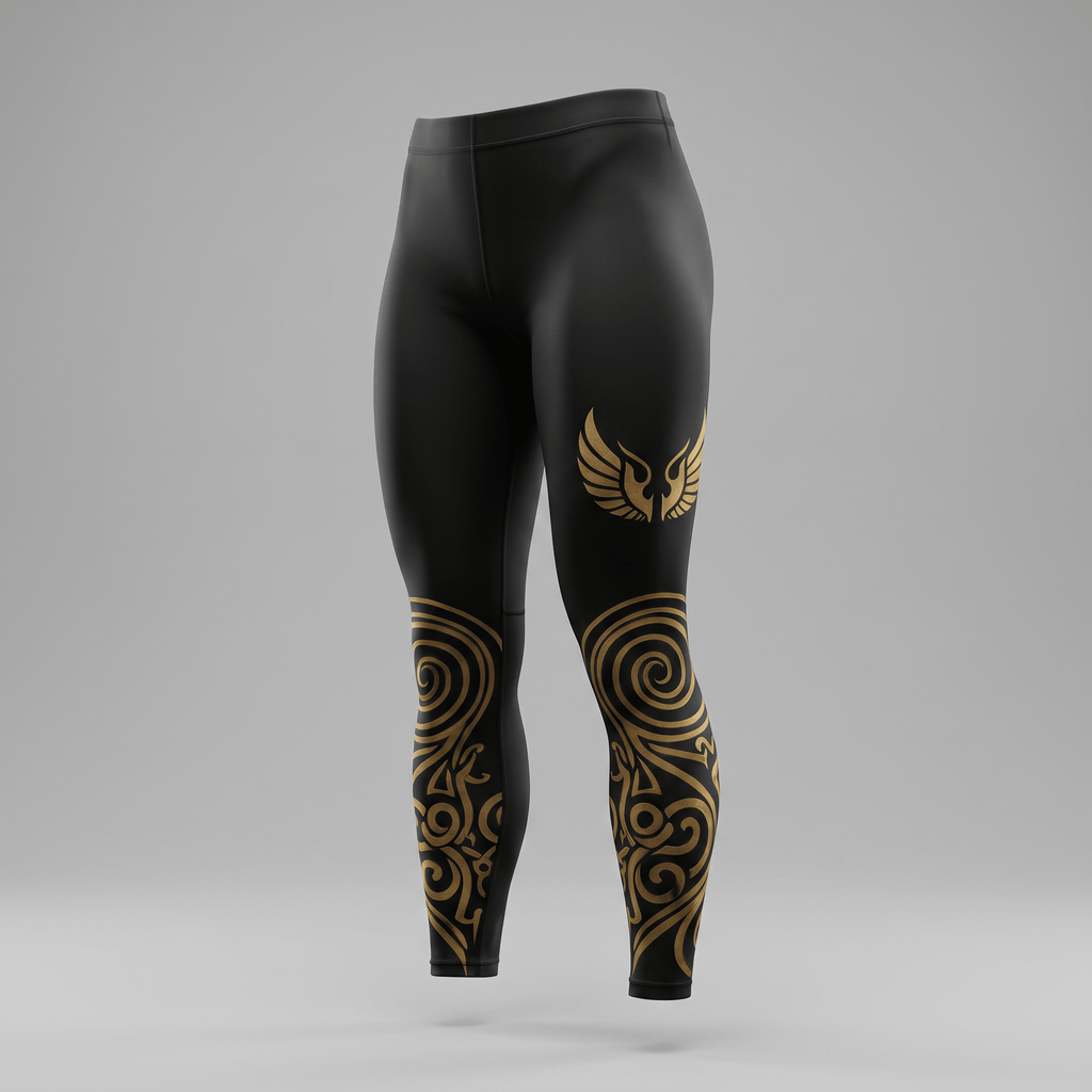 Black leggings featuring a gold winged design on the thigh and intricate tribal swirls down the shins.