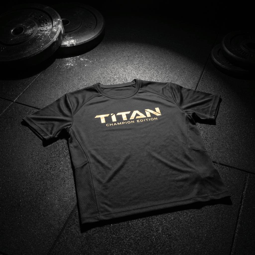 Black athletic T-shirt with gold "TITAN CHAMPION EDITION" text on the chest, lying on a gym floor with weight plates.