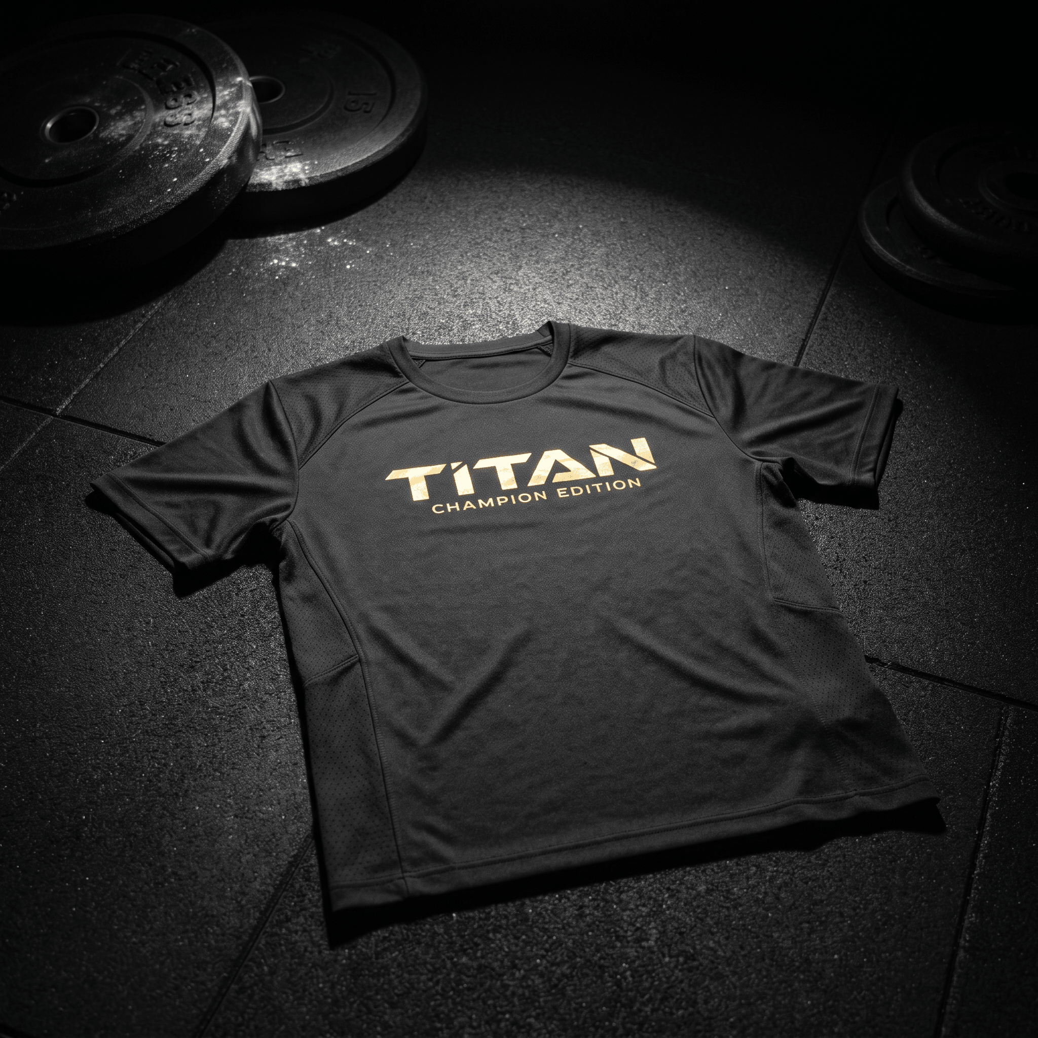 Black athletic T-shirt with gold "TITAN CHAMPION EDITION" text on the chest, lying on a gym floor with weight plates.