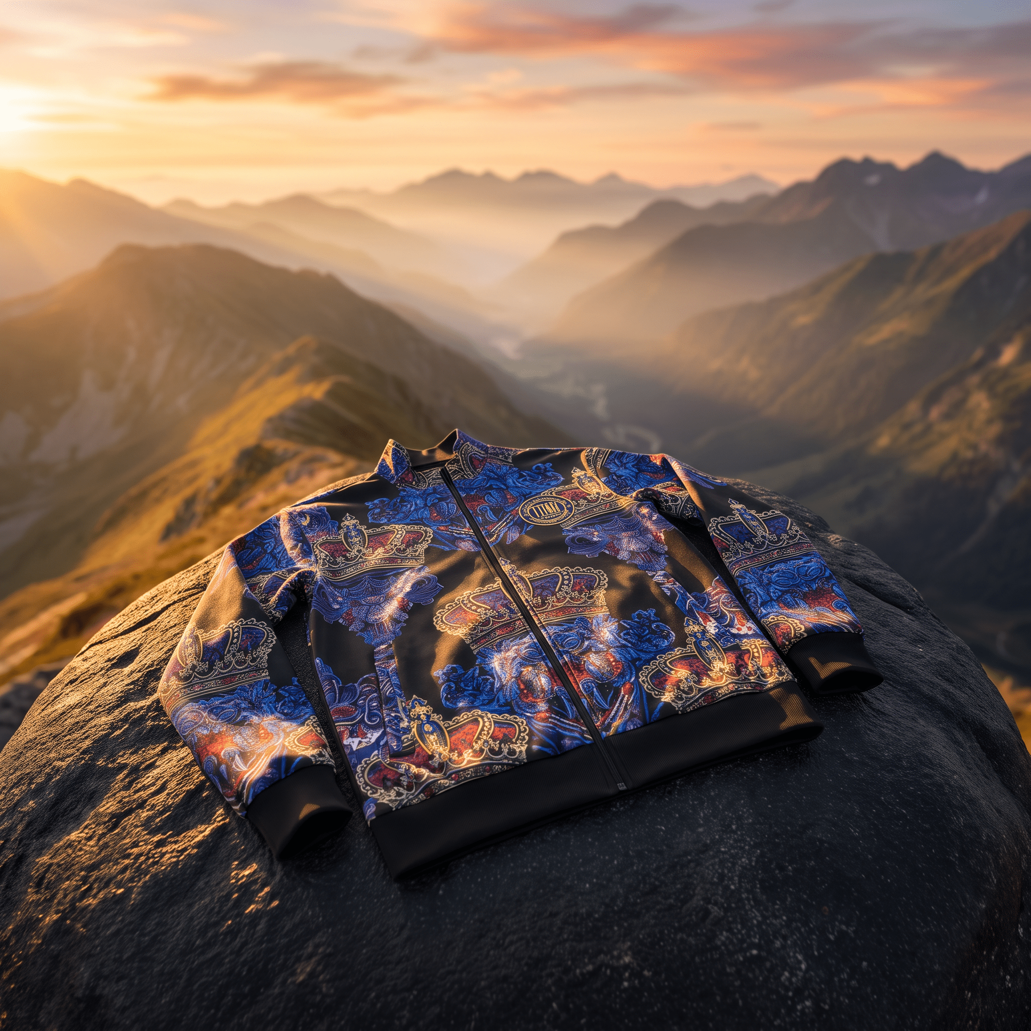 Black zip-up track jacket with a colorful, ornate crown pattern, displayed on a rock against a mountain sunset.