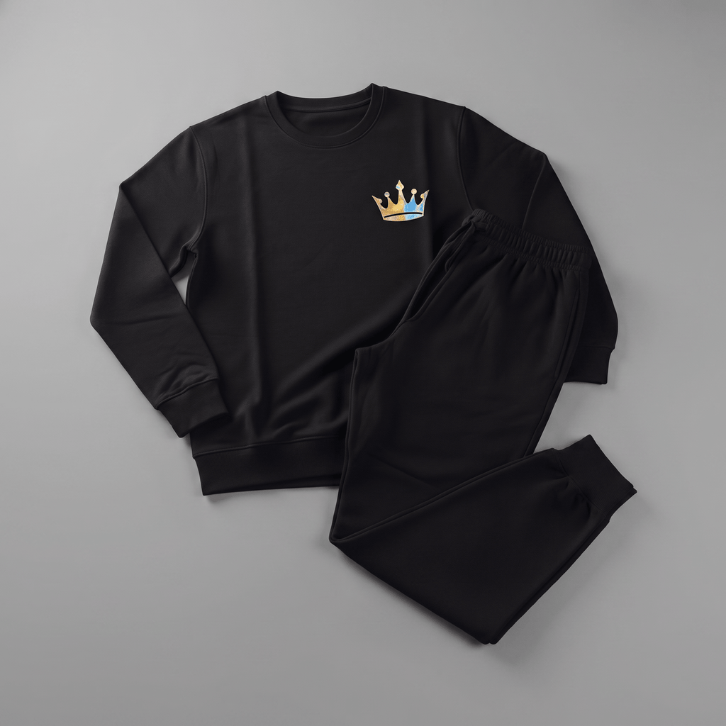 Black crewneck sweatshirt and sweatpants set featuring a blue and gold crown logo on the chest.
