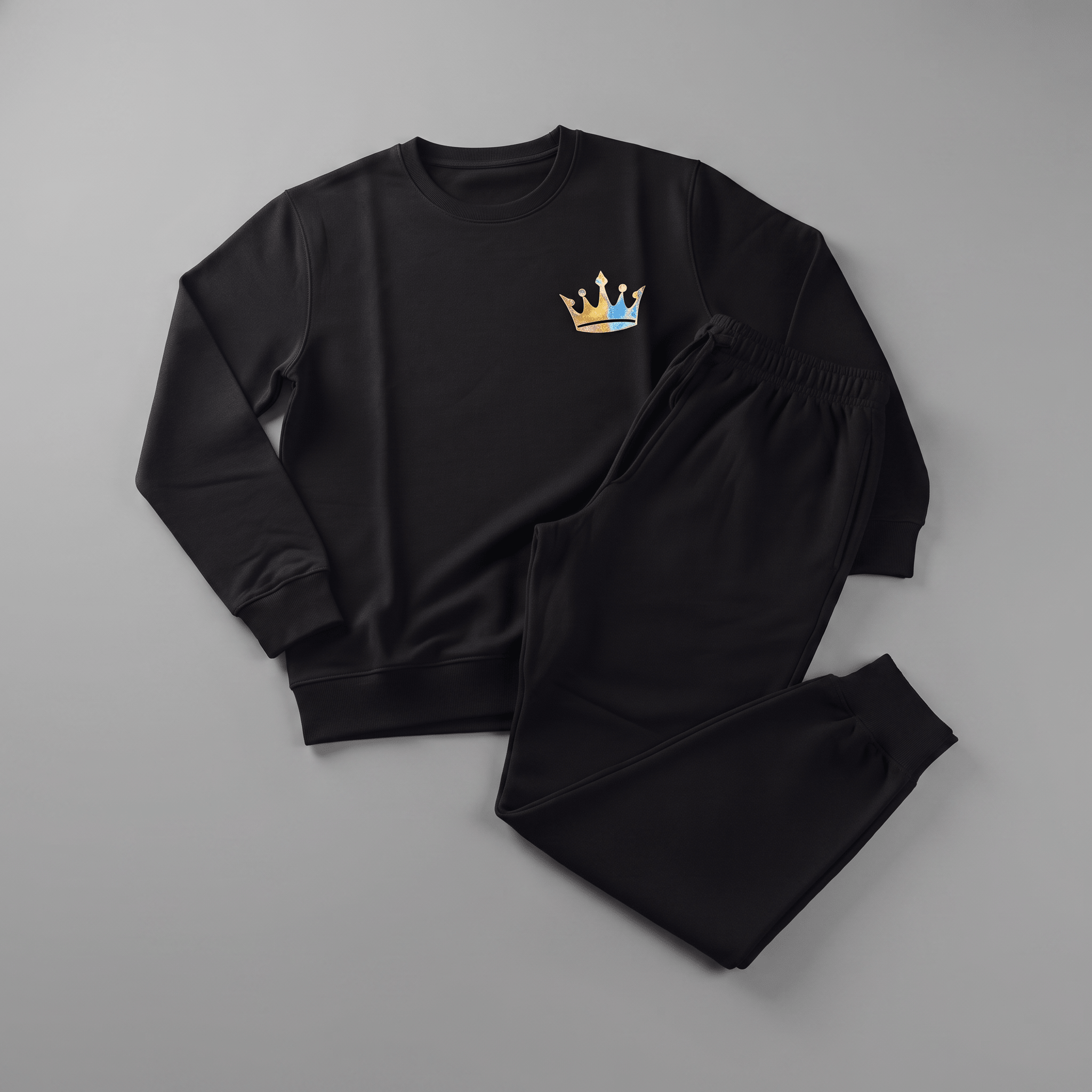 Black crewneck sweatshirt and sweatpants set featuring a blue and gold crown logo on the chest.