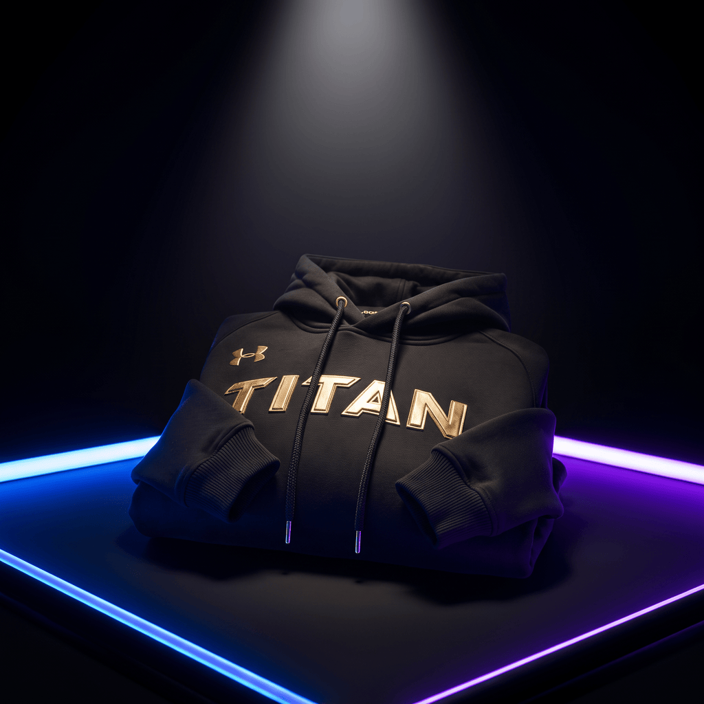 Black athletic hoodie with gold "TITAN" lettering and Under Armour logo, displayed on a glowing neon platform.