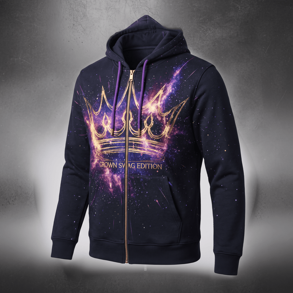 Dark blue zip-up hoodie featuring a purple galaxy print and a gold crown graphic with the text Crown Swag Edition.
