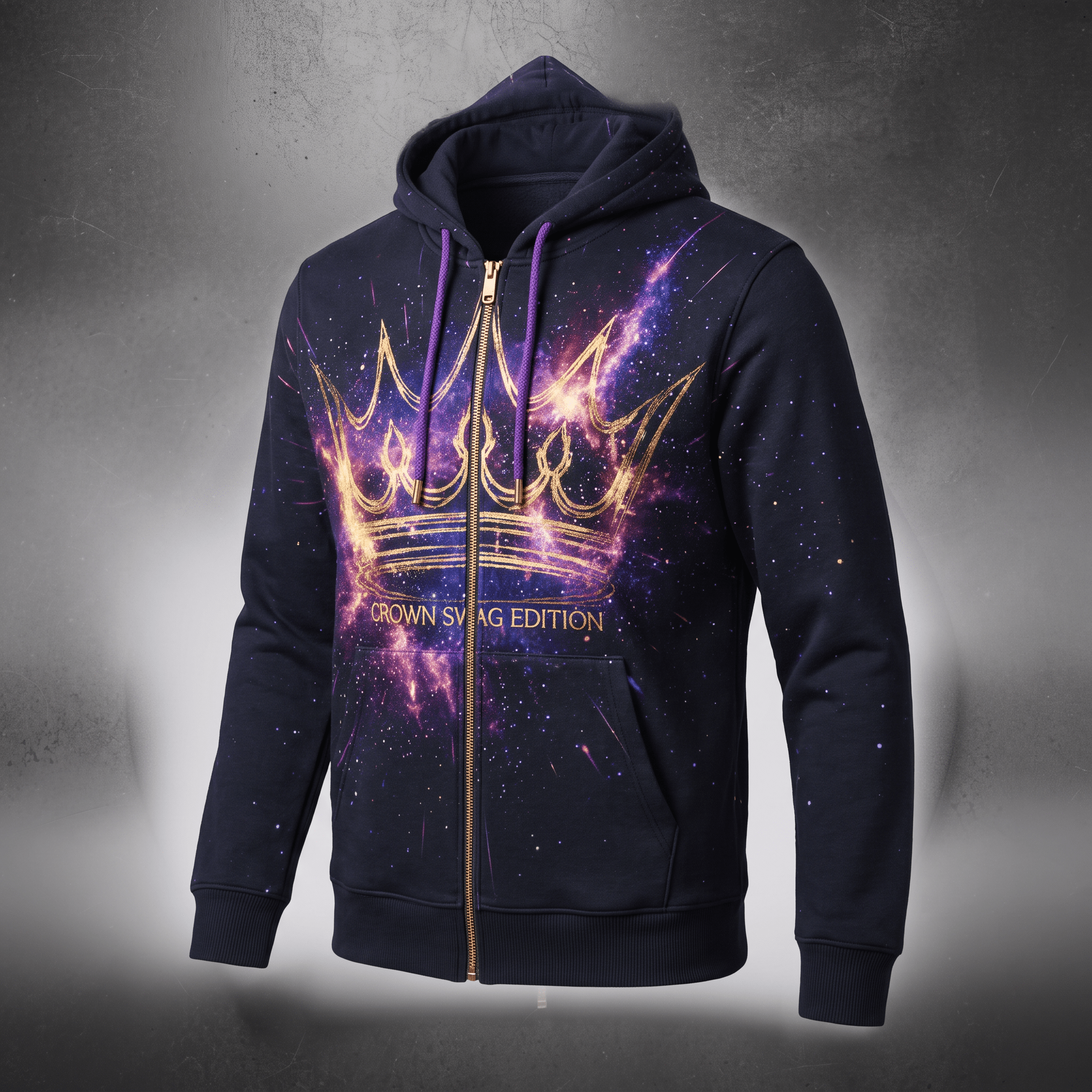 Dark blue zip-up hoodie featuring a purple galaxy print and a gold crown graphic with the text Crown Swag Edition.