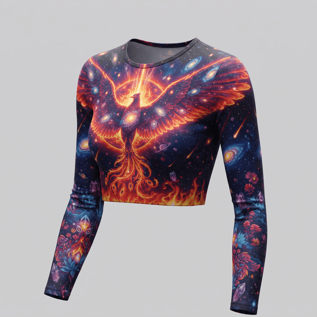 Long-sleeve crop top in dark blue featuring a vibrant cosmic phoenix graphic with fiery red and orange wings.