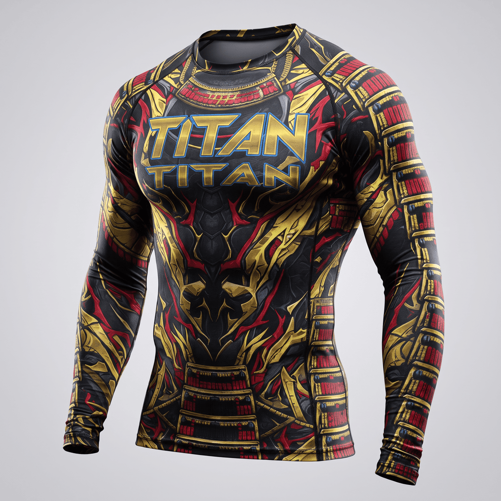 Black long-sleeve compression rash guard with red and gold samurai armor print and Titan text logo.
