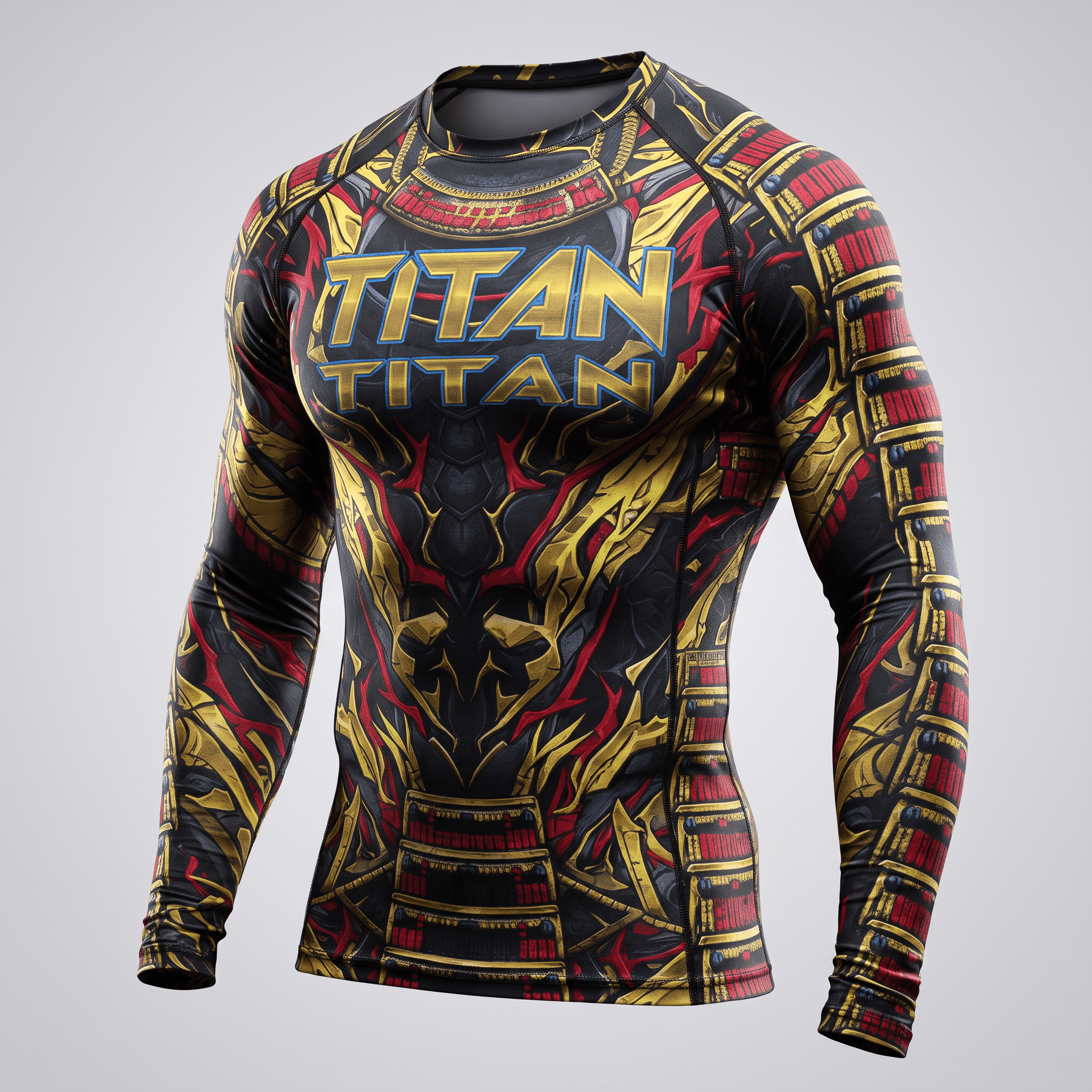 Black long-sleeve compression rash guard with red and gold samurai armor print and Titan text logo.