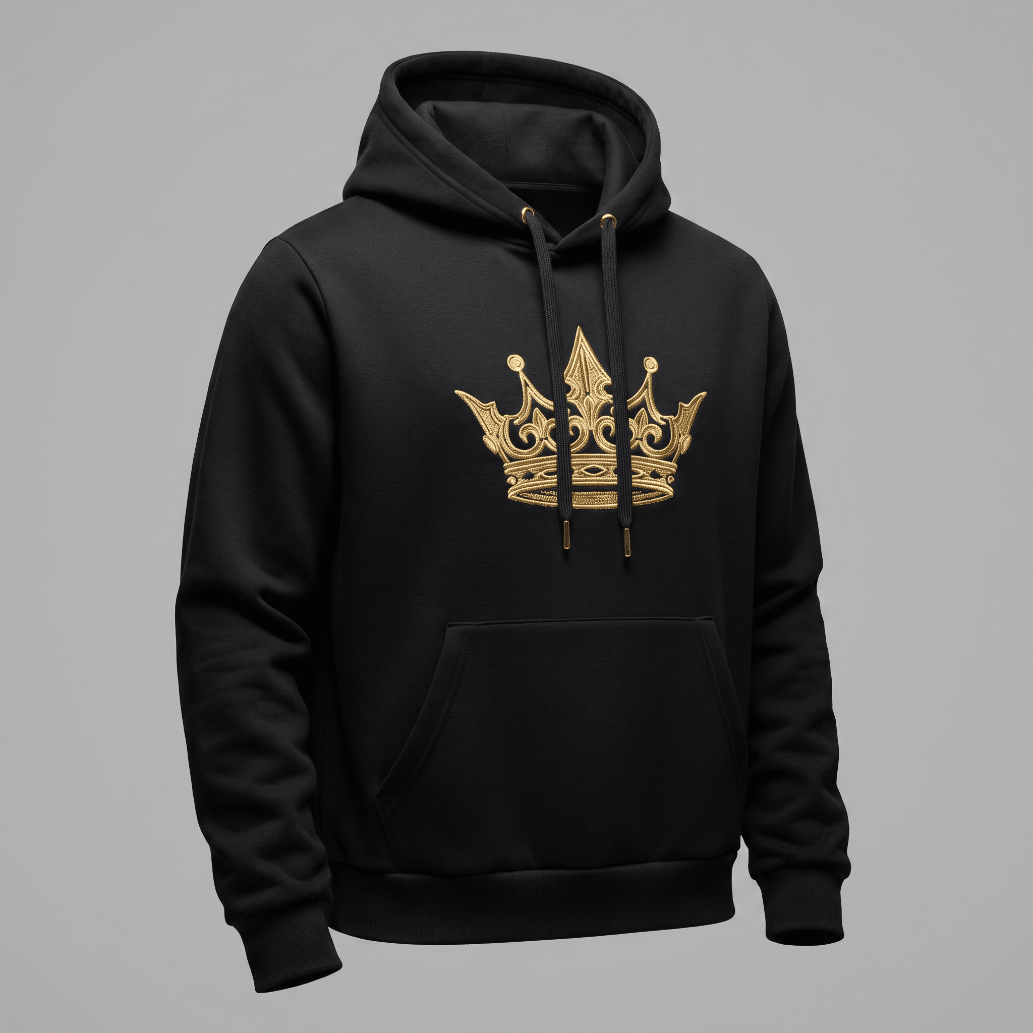 Black pullover hoodie with a gold embroidered crown logo, drawstring hood, and front pouch pocket.