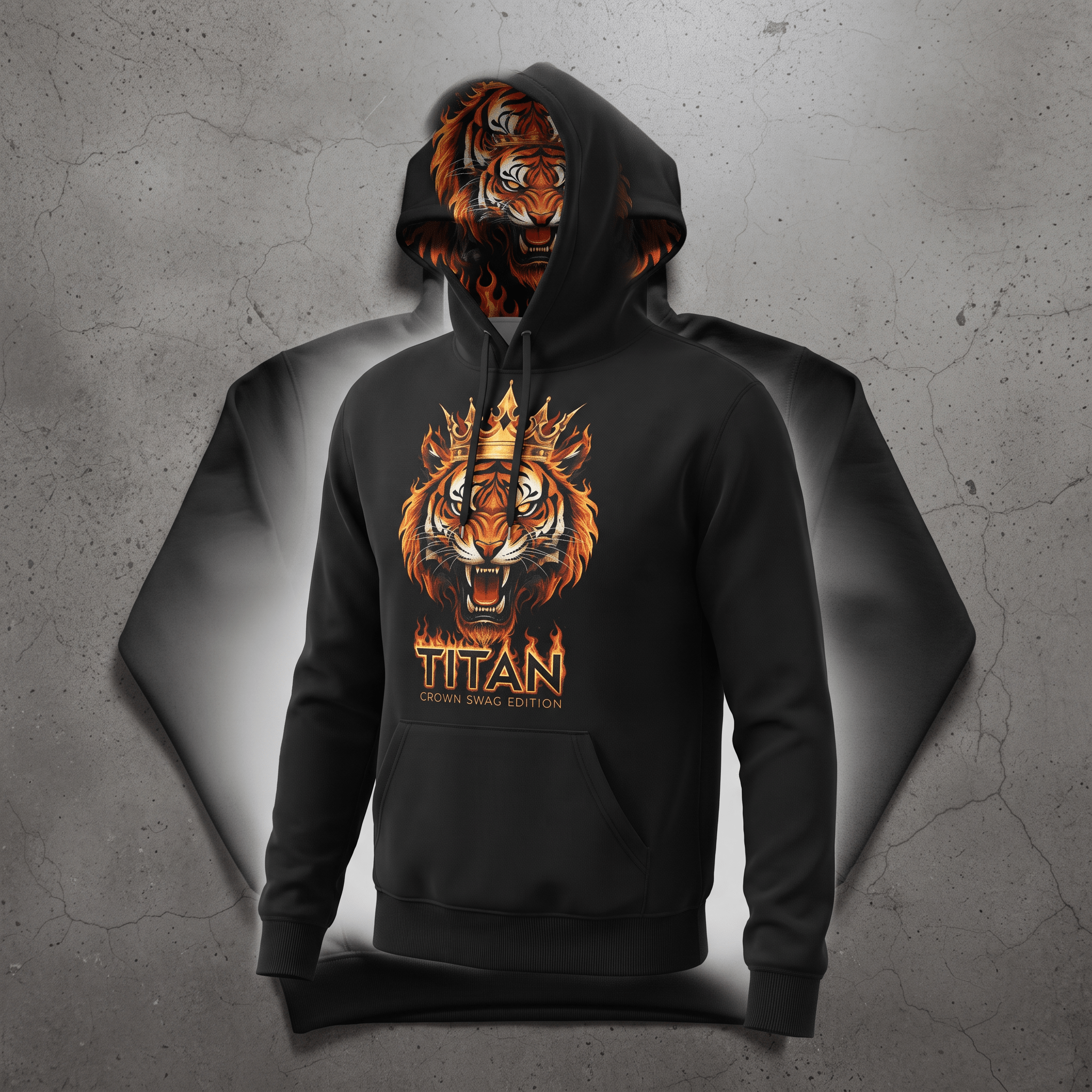 Black hoodie with a roaring tiger wearing a crown graphic, titan crown swag edition text, and tiger hood lining.
