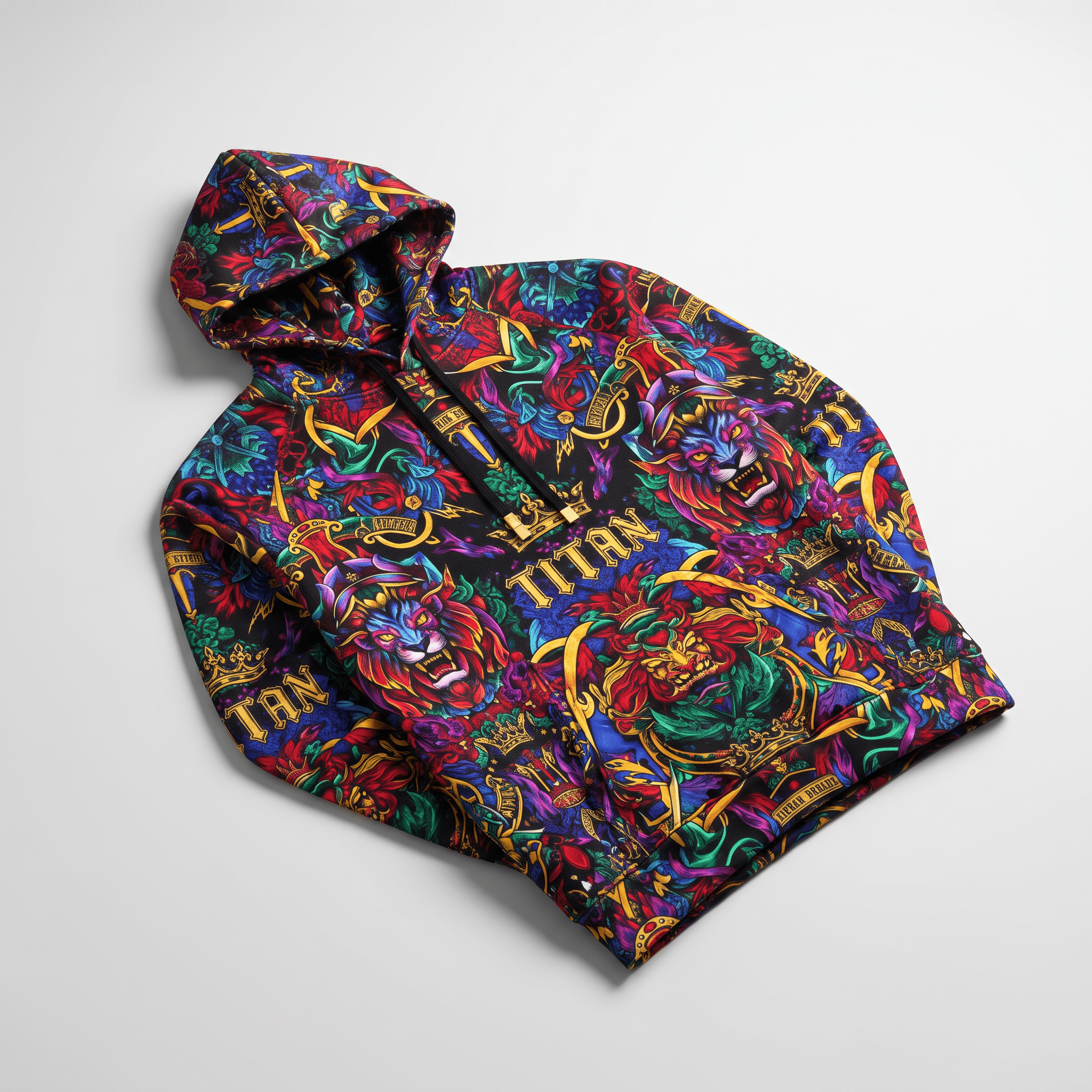 Black hoodie with colorful allover lion and crown graphic print on white background.