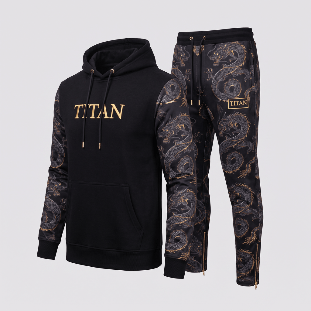 Black Titan tracksuit with gold dragon print sleeves and matching joggers against a light background.