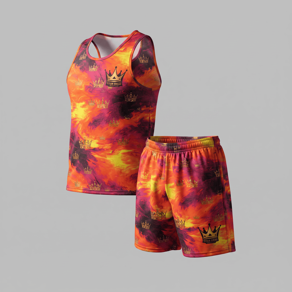 Red and yellow tie-dye tank top and shorts set featuring a gold crown pattern and Titan Swag logo.