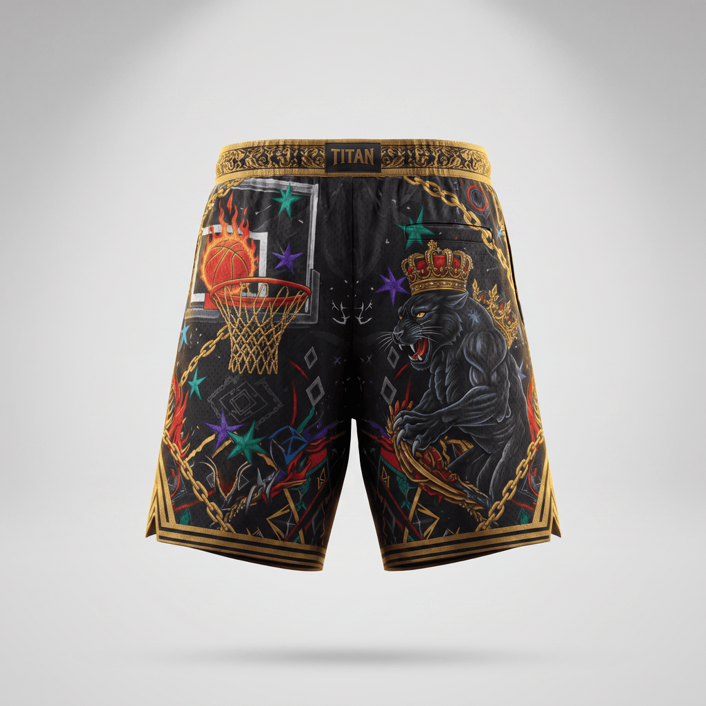 Titan black and gold basketball shorts with detailed graphic print of a crowned panther and basketball hoop on back