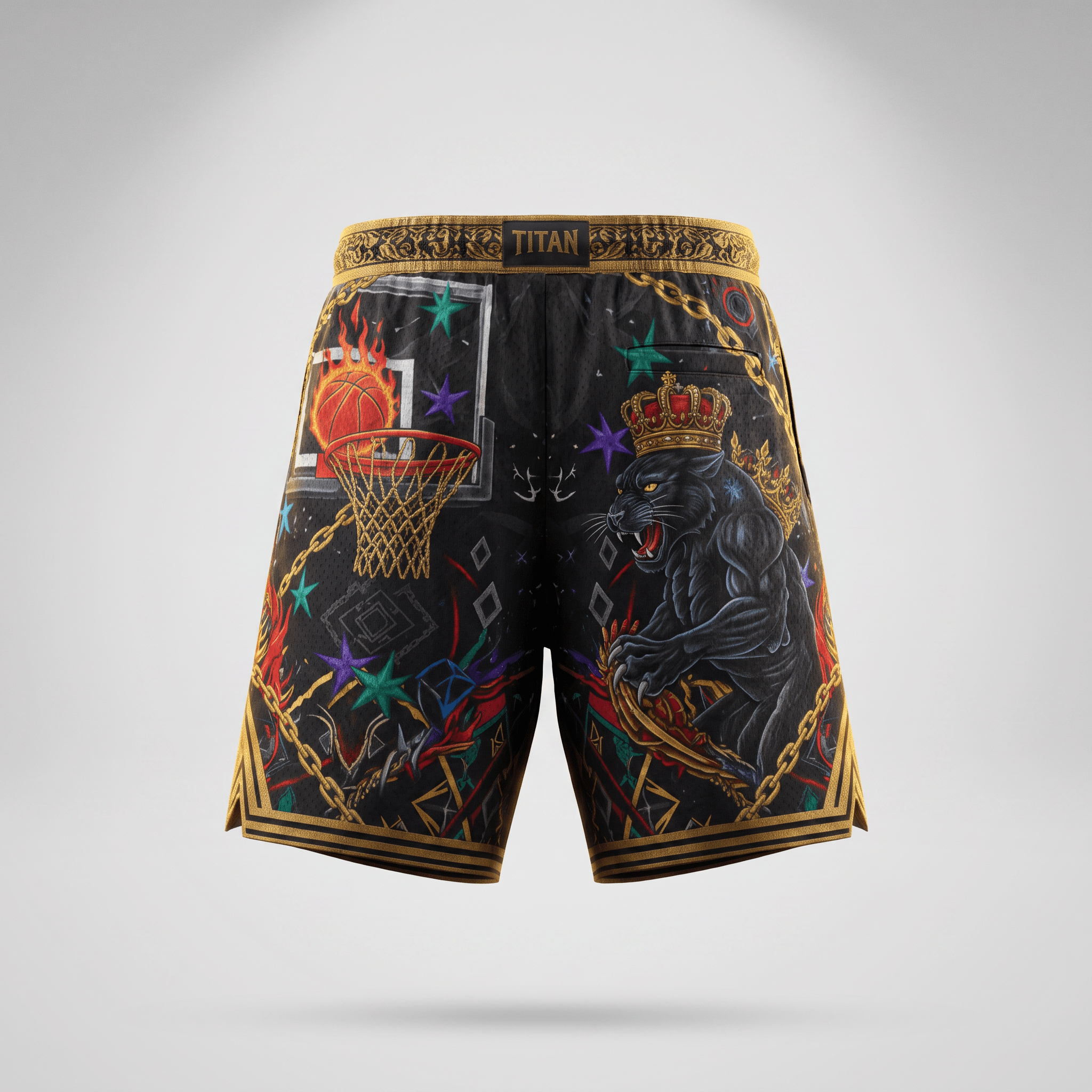 Black basketball shorts featuring gold trim, a crowned panther, flaming basketball hoop, and intricate graphic prints.