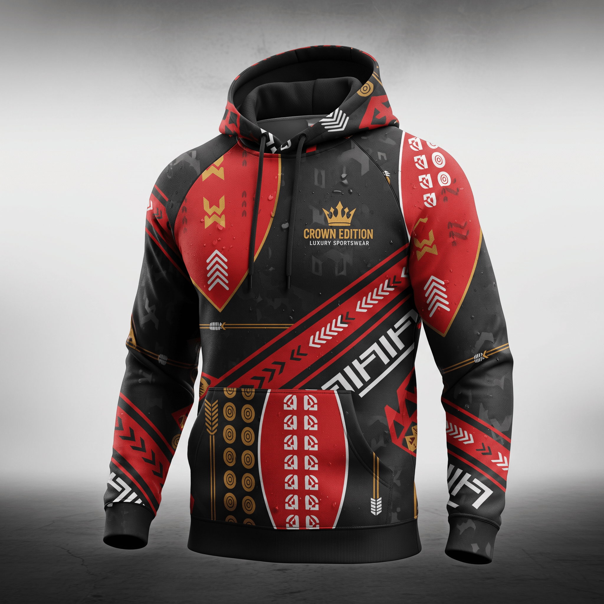 Black and red athletic hoodie with geometric tribal patterns, gold crown logo, and a front pocket.