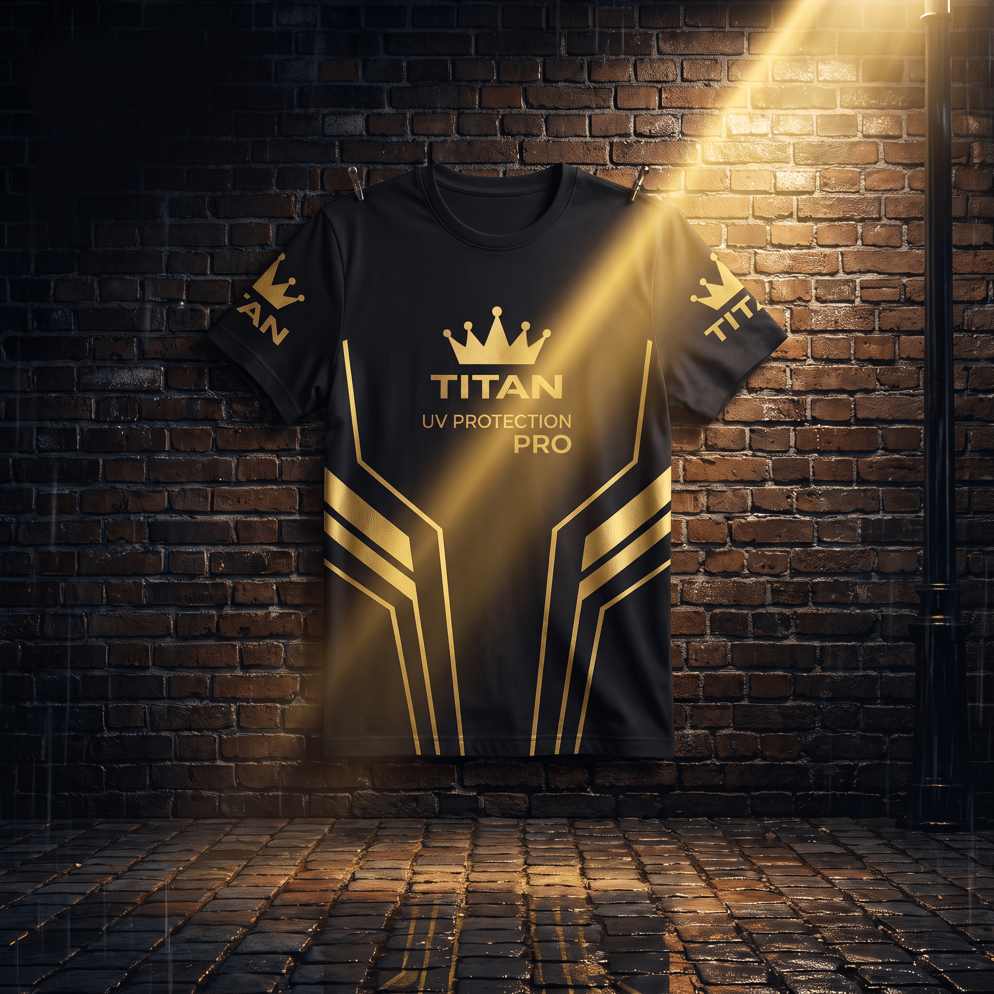 Black athletic T-shirt with gold geometric lines, crown logo, and "Titan UV Protection Pro" text on a brick background.