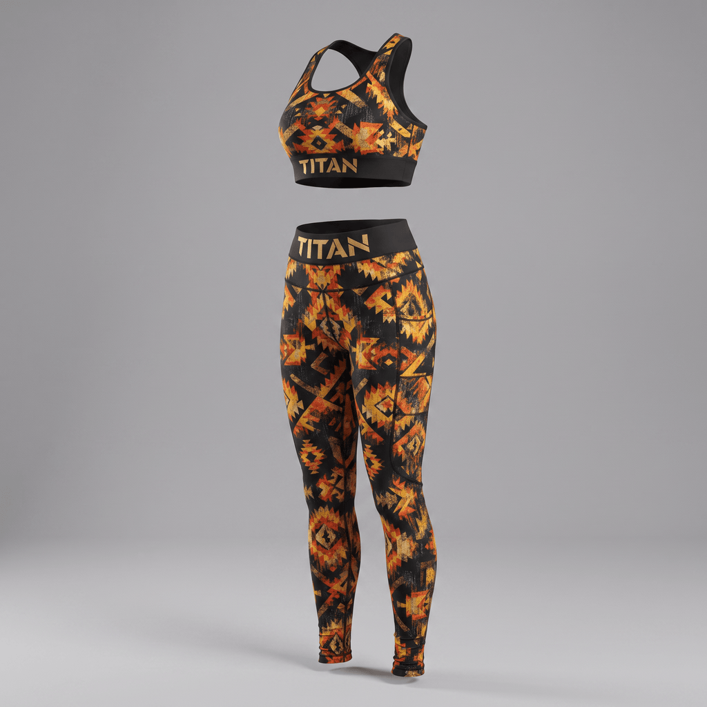 Titan black and orange athletic sports bra and matching leggings set with abstract print and gold lettering.