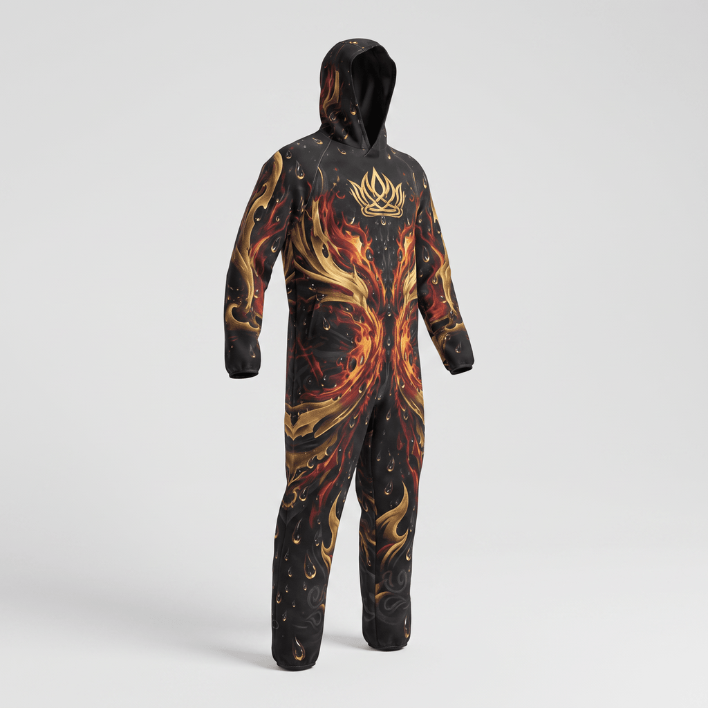 Black hooded onesie with a fiery red and gold flame pattern and gold crown logo on the chest.