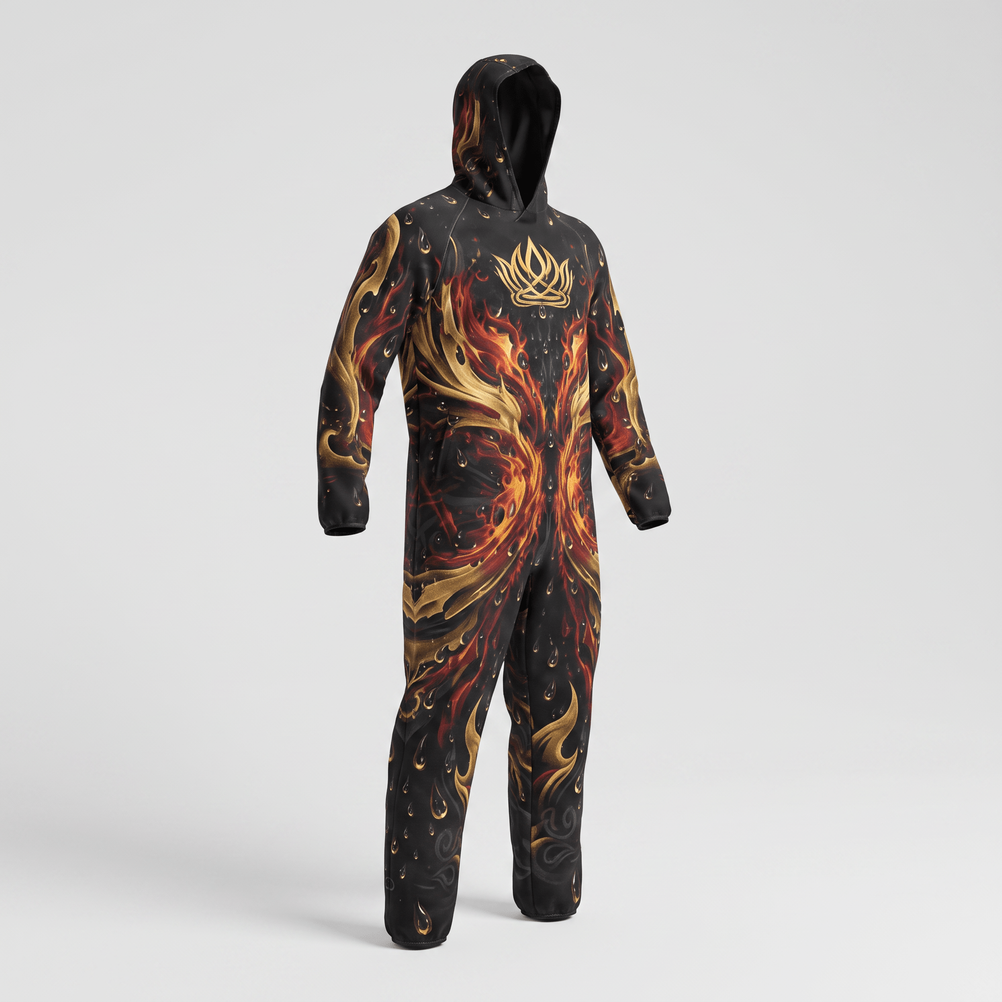 Black hooded jumpsuit with vibrant red and gold fire and water drop print, featuring a crown logo on the chest.