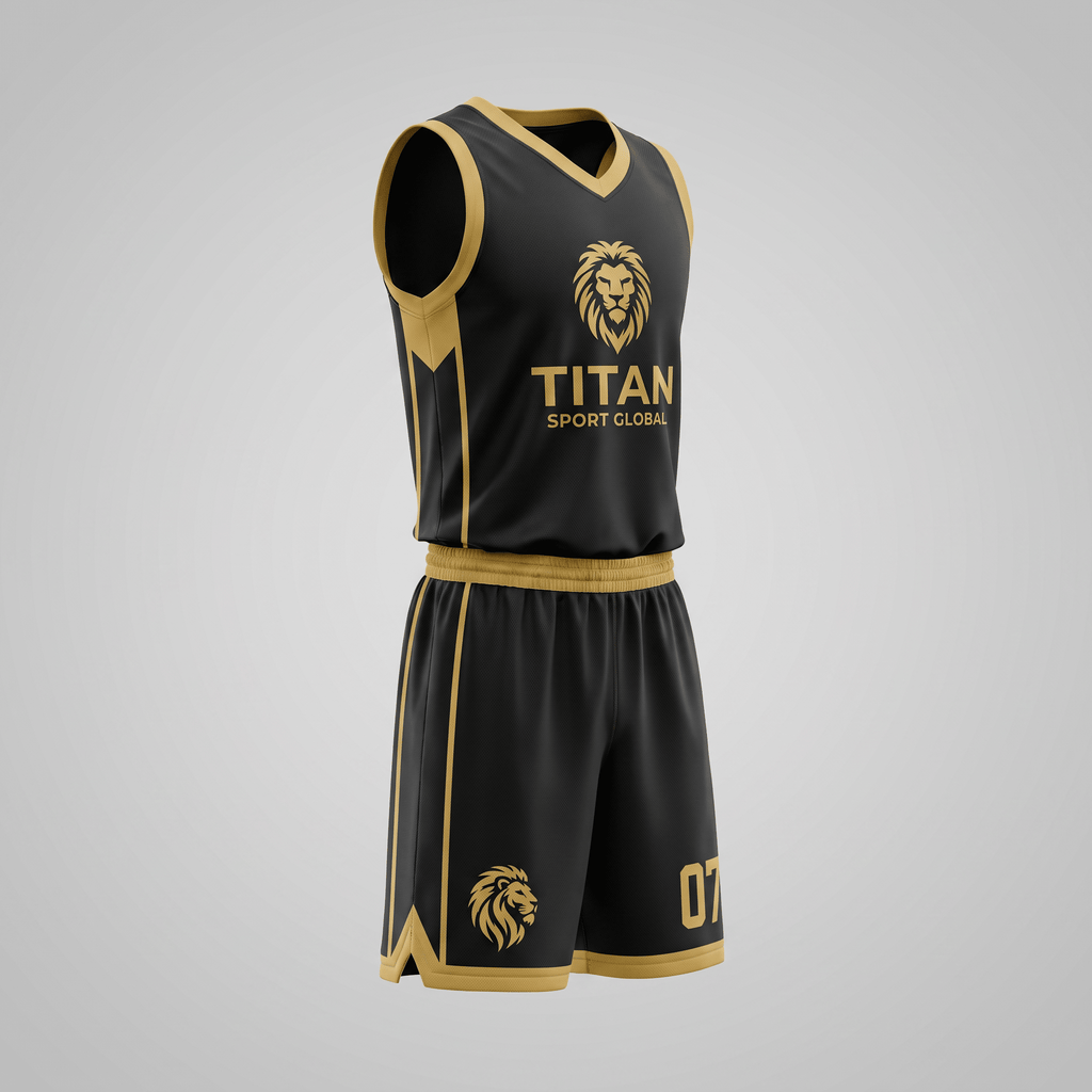 Black and gold basketball uniform set with Titan Sport Global lion logo and number 07.