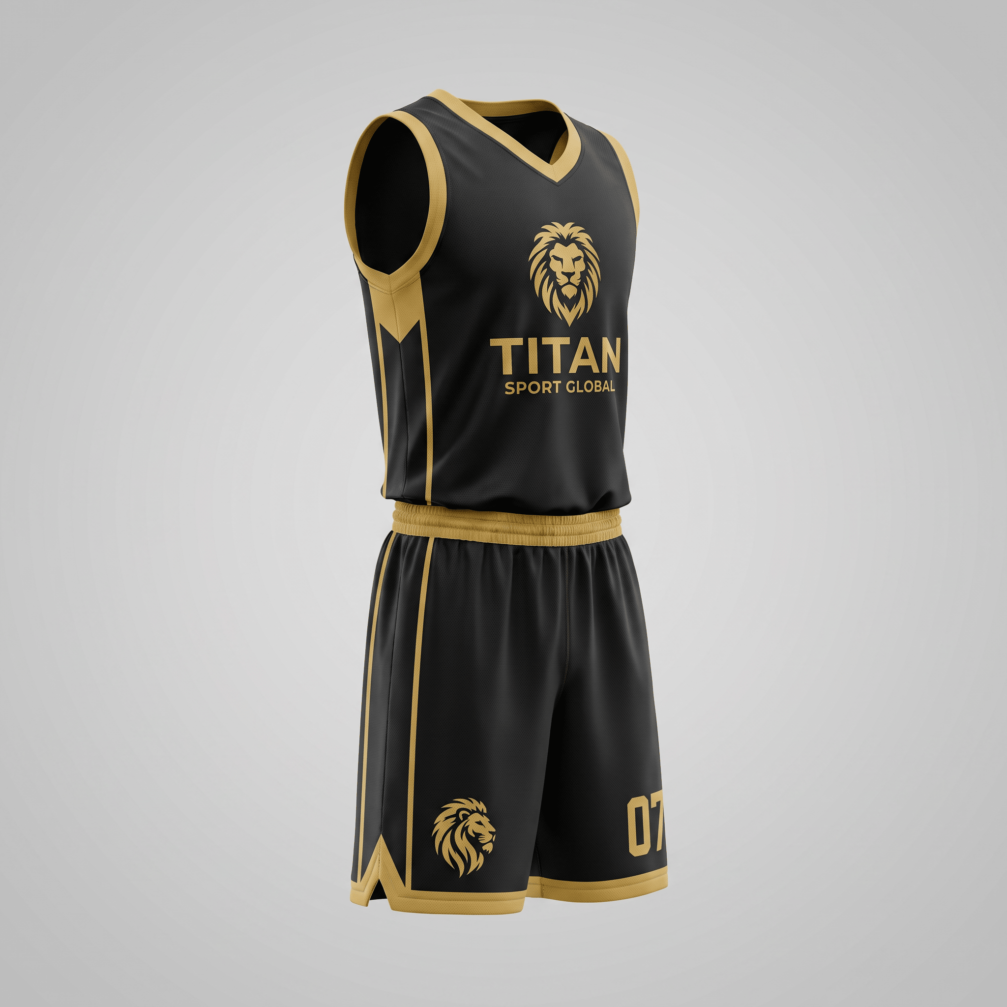 Black and gold basketball uniform set with Titan Sport Global lion logo and number 07.