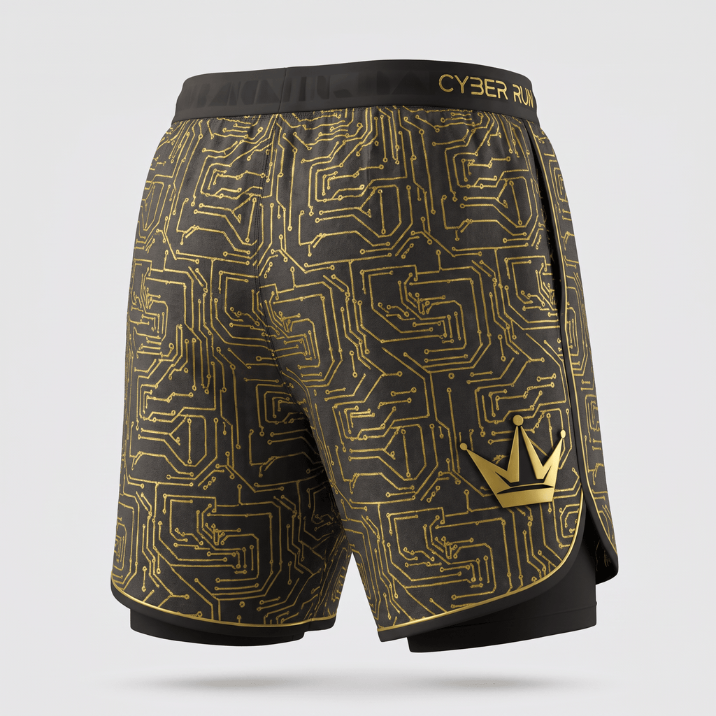 Black and gold athletic running shorts featuring a circuit board pattern and a gold crown logo.