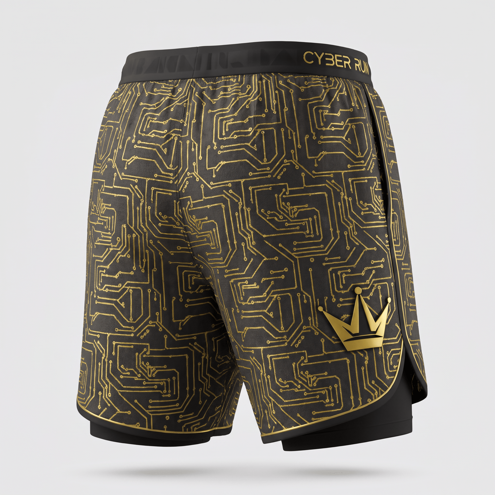 Black and gold athletic running shorts featuring a circuit board pattern and a gold crown logo.