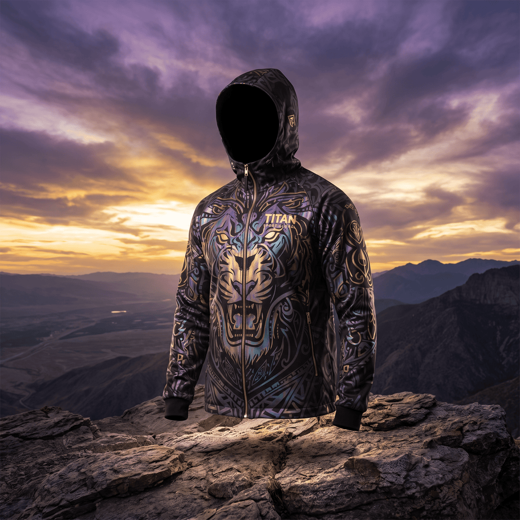 Black zip-up hoodie featuring a golden lion graphic, Titan Sport Global branding, and intricate patterns on a rocky peak.
