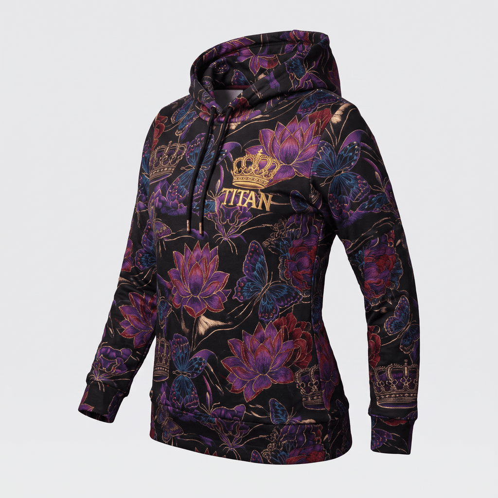 Black hoodie with purple floral and butterfly print, gold Titan logo, and crown graphic on chest.