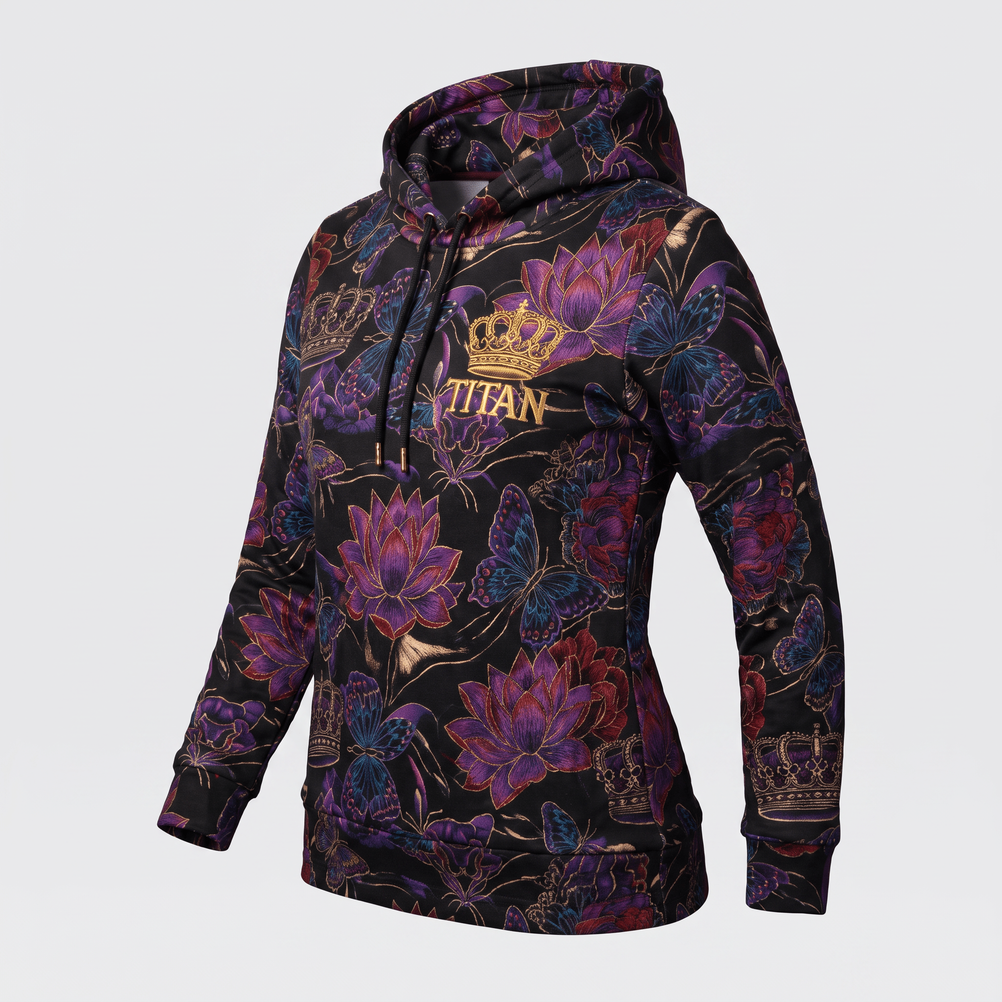 Black hoodie with purple floral and butterfly print, featuring a gold Titan logo and crown graphic on the chest.