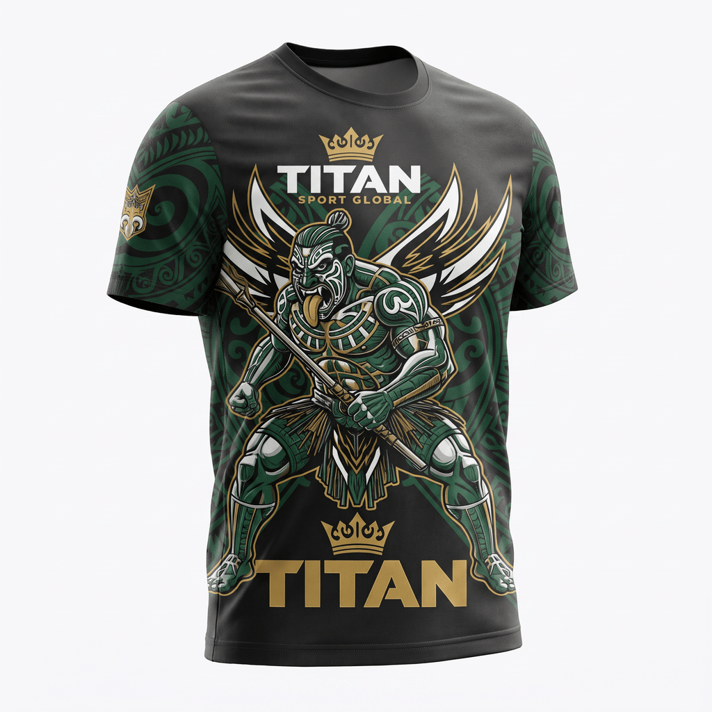 Black graphic t-shirt featuring a green Maori warrior graphic with a spear, crown, and Titan Sport Global text.