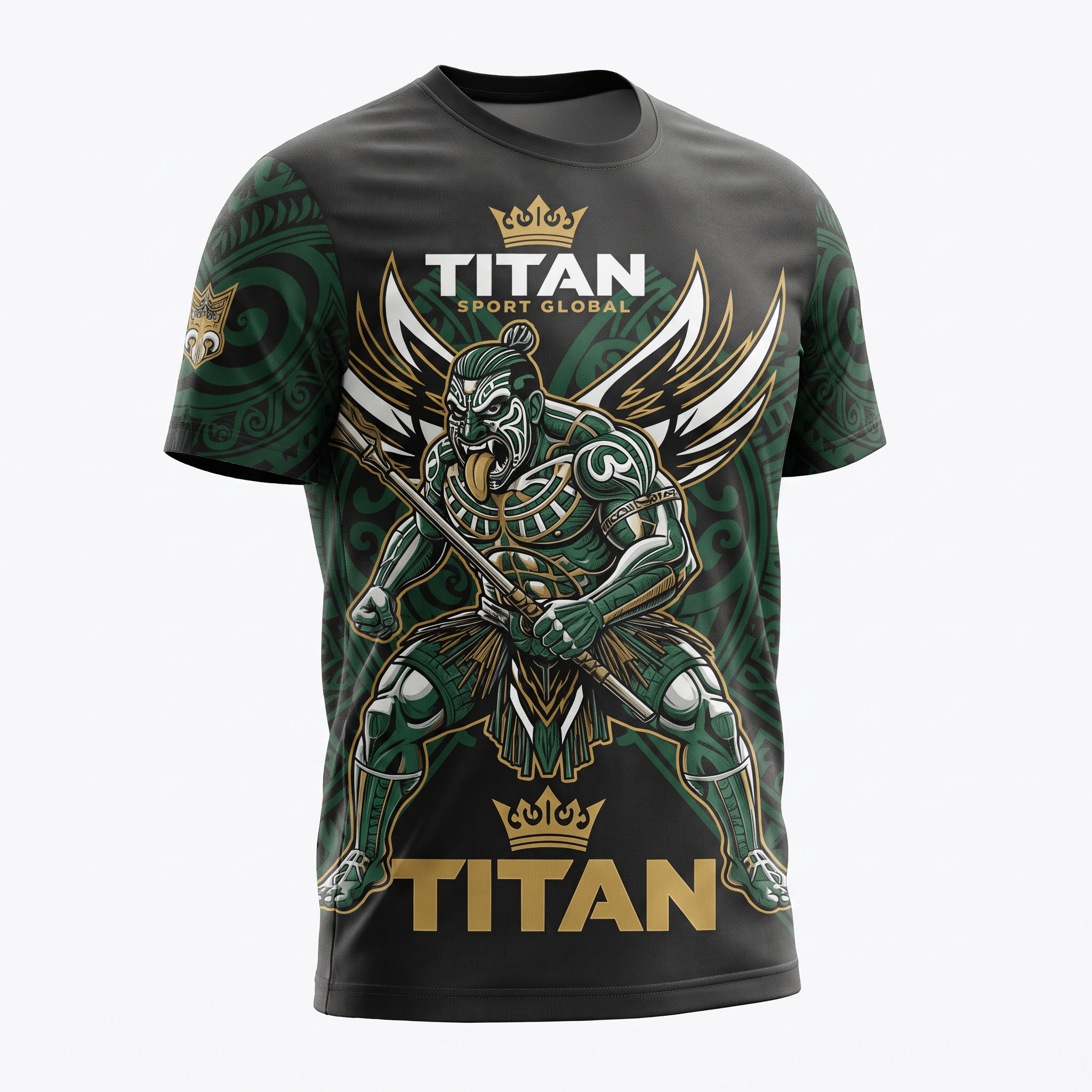Black graphic t-shirt featuring a green Maori warrior graphic with a spear, crown, and Titan Sport Global text.