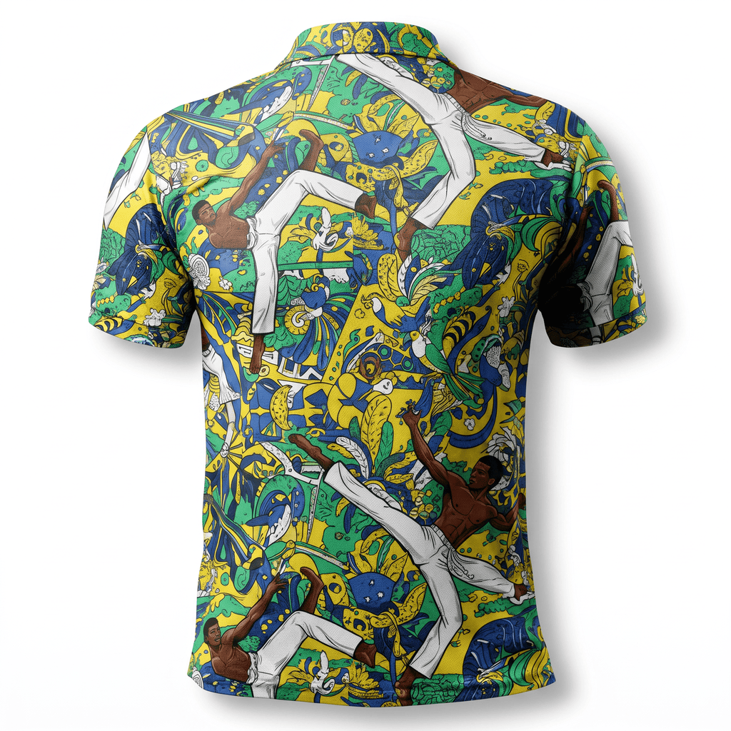 Back view of a green, blue, and yellow polo shirt featuring an all-over capoeira fighter print.