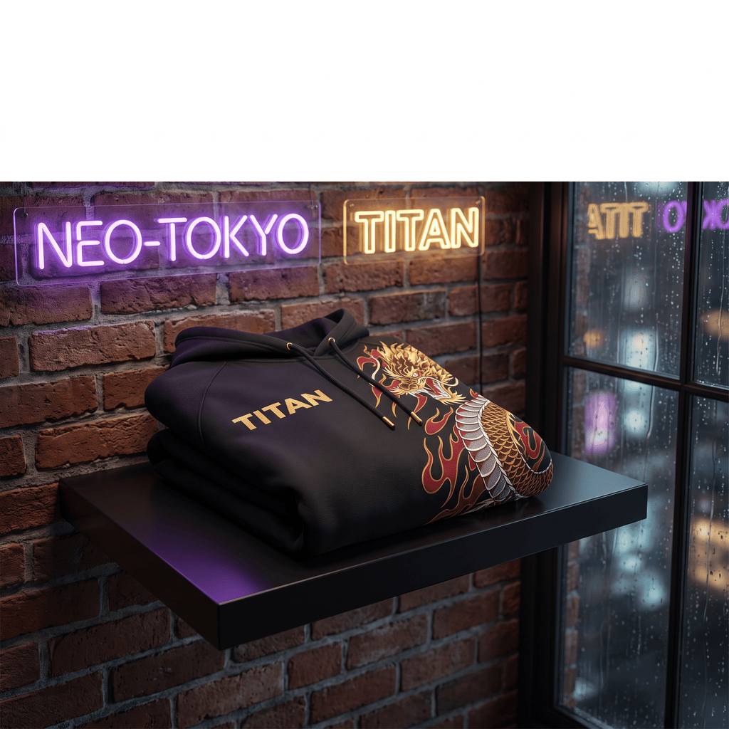 Folded black hoodie with gold "TITAN" logo and red and gold dragon graphic, set on a shelf against a brick wall.