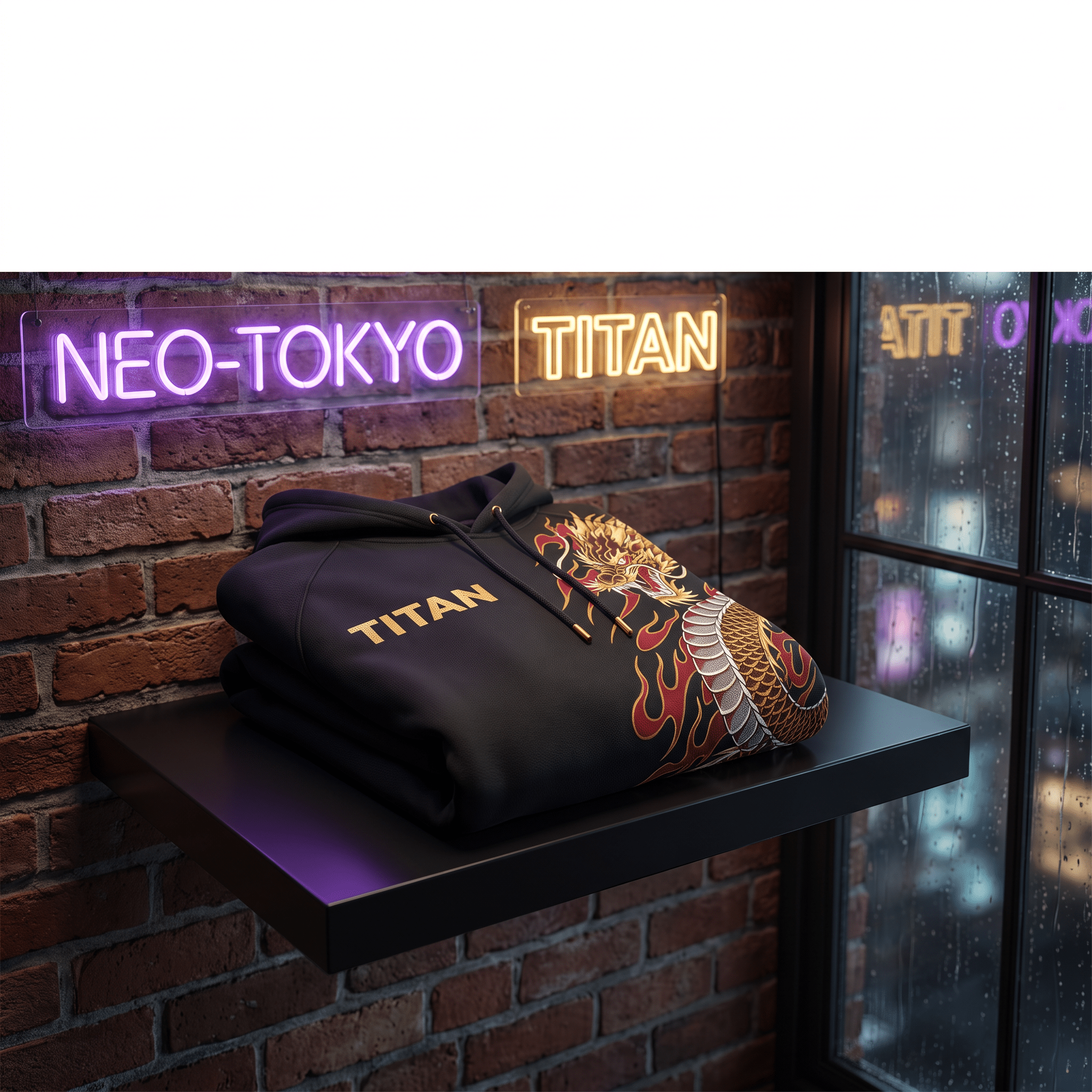 Folded black hoodie with gold "TITAN" logo and red and gold dragon graphic, set on a shelf against a brick wall.