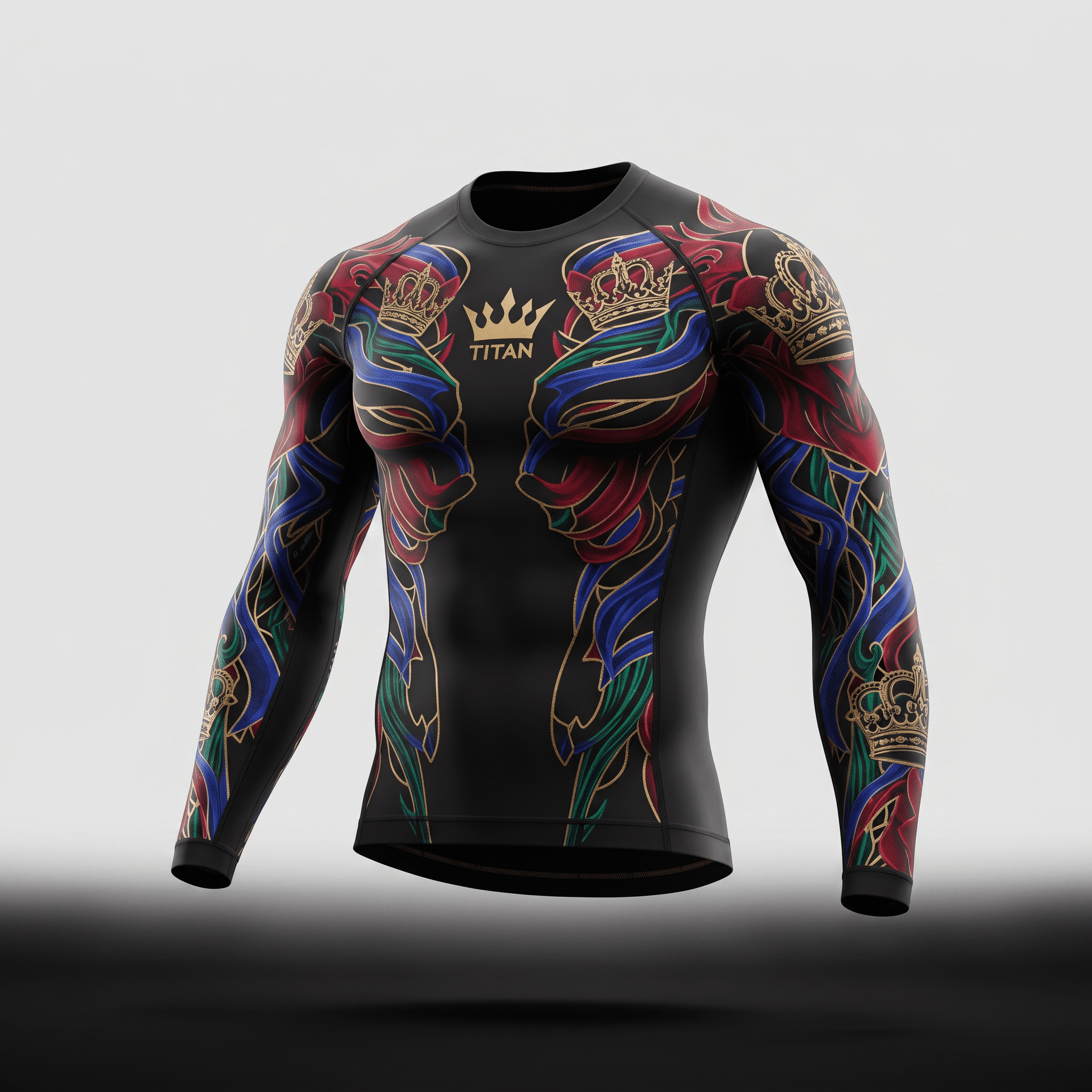 Black long-sleeve rash guard with red, blue, green, and gold crown tattoo-style graphic prints.