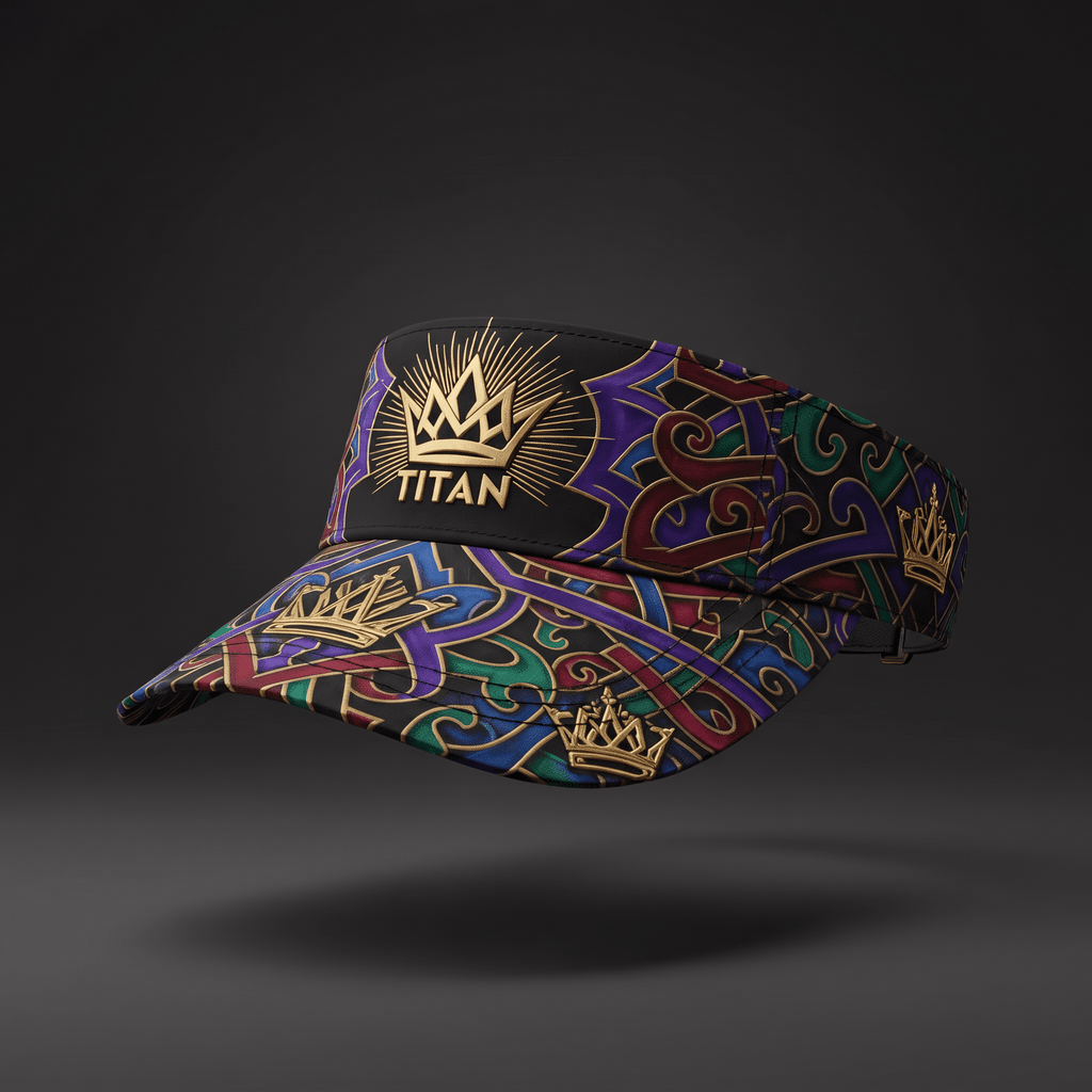 Black visor featuring a colorful abstract pattern with gold crown logos and the word Titan on the front panel.