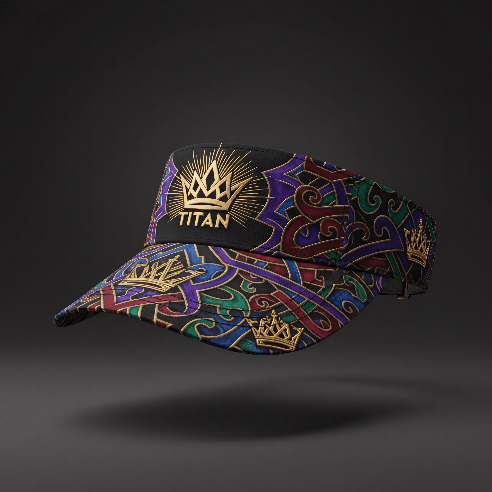 Black visor featuring a colorful abstract pattern with gold crown logos and the word Titan on the front panel.