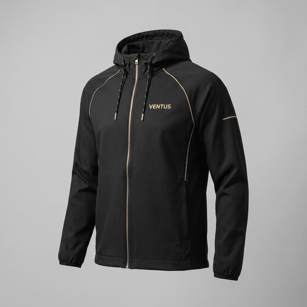 Black Ventus zip-up hoodie with gold trim, drawstring hood, and gold zipper.