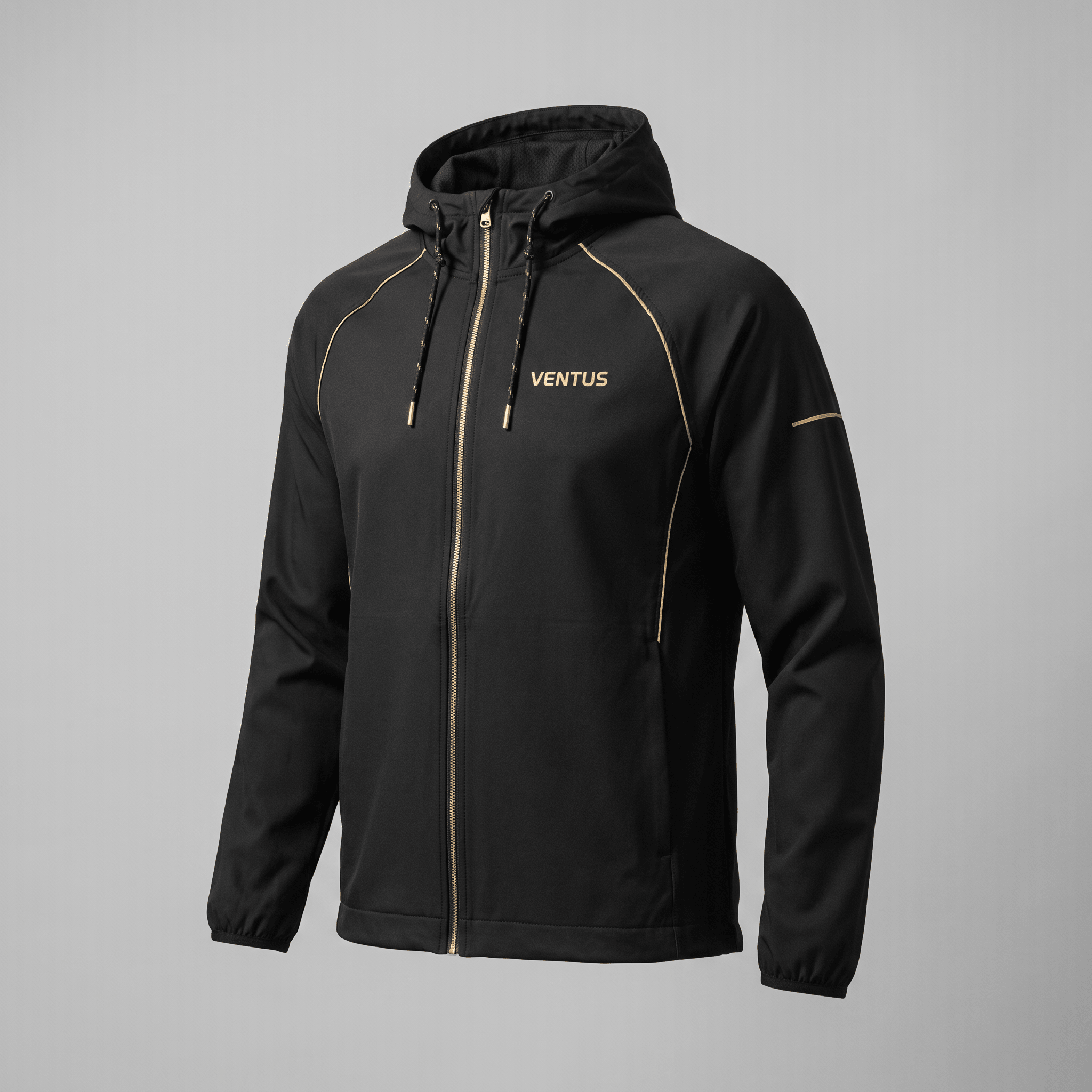 Black Ventus zip-up hoodie with gold accents and hood on a grey background.