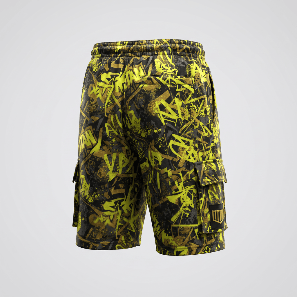 Rear view of black and yellow graffiti print cargo shorts with side pockets and elastic waistband.