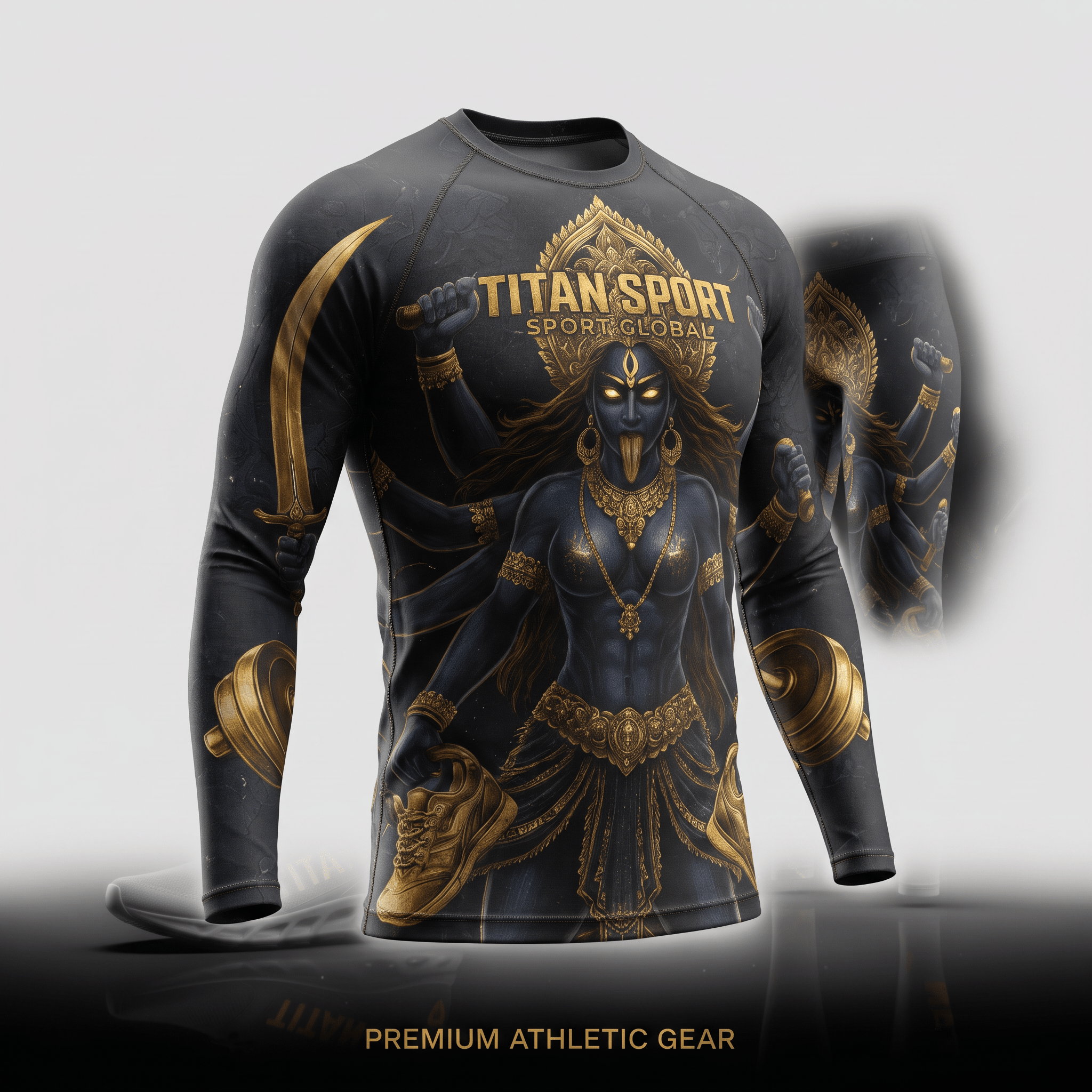 Black long-sleeve rash guard featuring a gold graphic of a multi-armed figure and Titan Sport branding.