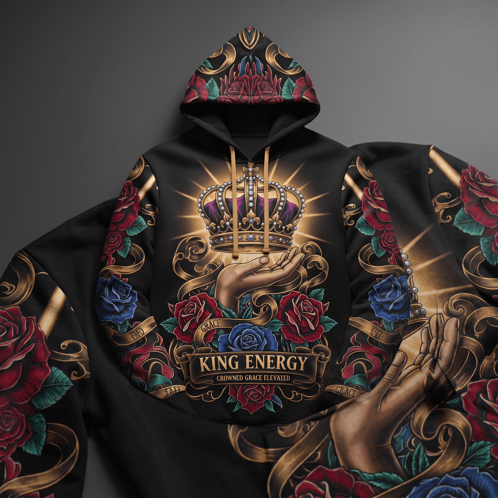 Black hoodie featuring a golden crown, open hands, red and blue roses, and King Energy text graphic.