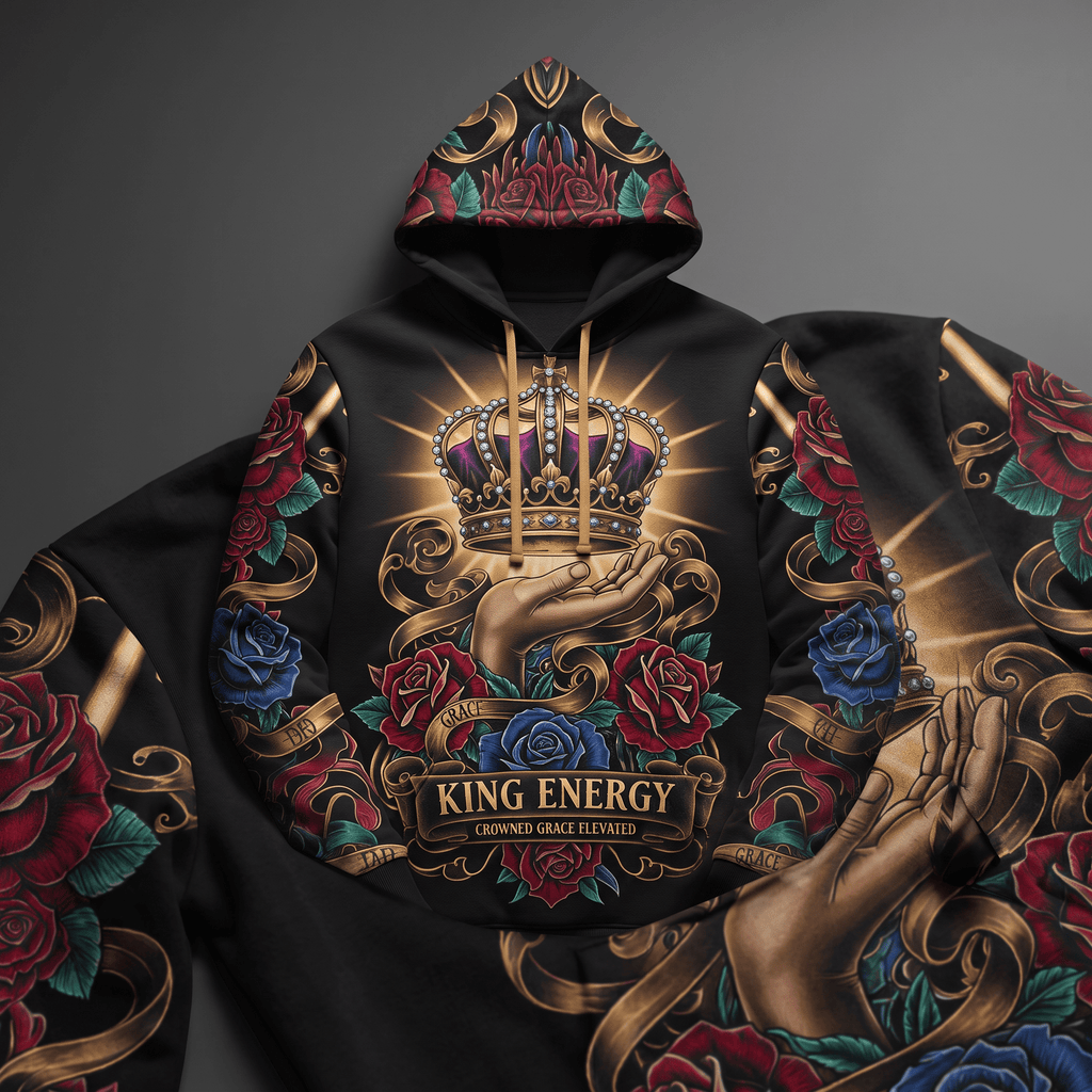 Black hoodie with King Energy crown graphic, red and blue roses, and gold scrollwork style.